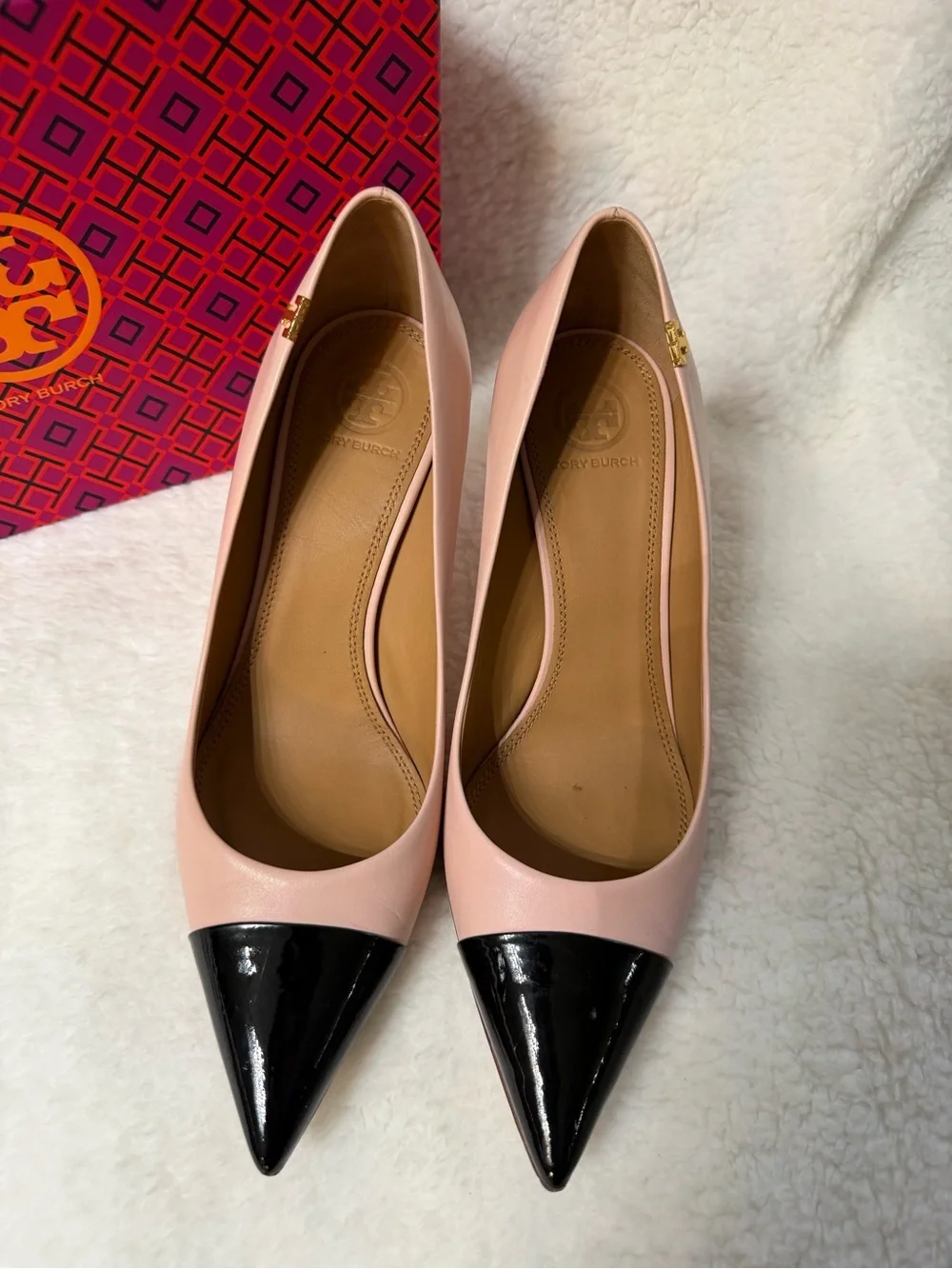 Tory Burch Pink Leather Pointed-Toe Pumps with Black Patent Cap